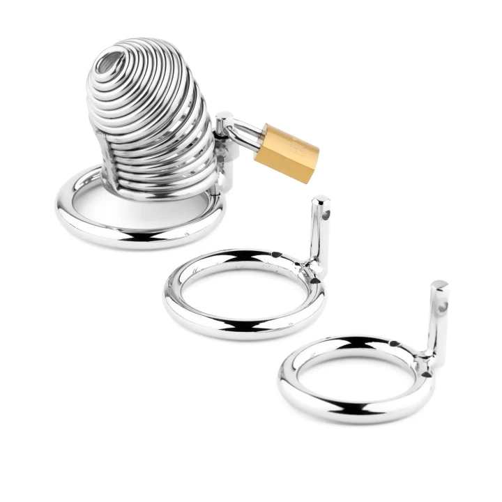 Klatka na penisa Metal Series - stal nierdzewna, spiralna konstrukcja, 3 rozmiary pierścieni