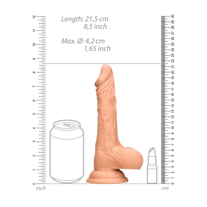 Dildo „Skin” z jądrami, 21,5 cm długości, realistyczny materiał TPE, przyssawka