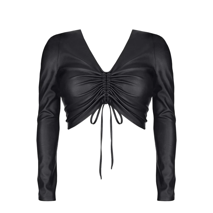 Bluzka ekoskórzana DEMONIQ, czarna, efektowny dekolt, długie rękawy, regulowany fason
