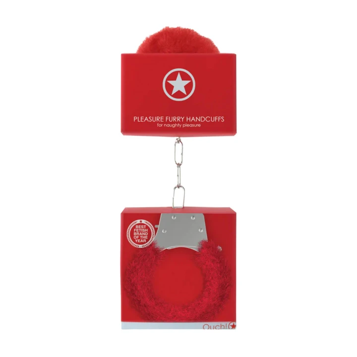 Kajdanki Furry - Red - 29 cm długości, z faux fur i ze stali, komfortowe unieruchomienie