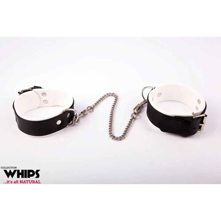 Kajdanki męskie skórzane | Białe, regulowane, 4cm szerokości, 40cm łańcuch