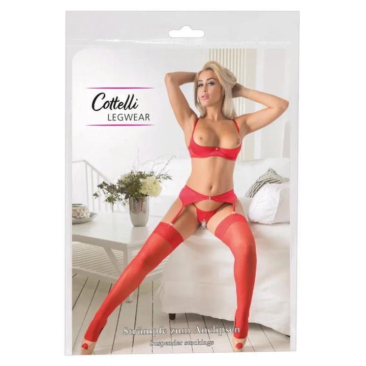 Pończochy Czerwone COTTELLI LINGERIE z Koronką, Jedwabiste, 20 Den