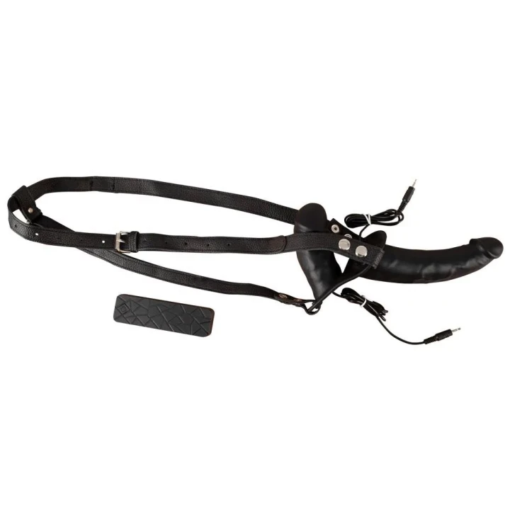 Wibrator strap-on z podwójnym stymulatorem, regulowany pas, 10 trybów wibracji