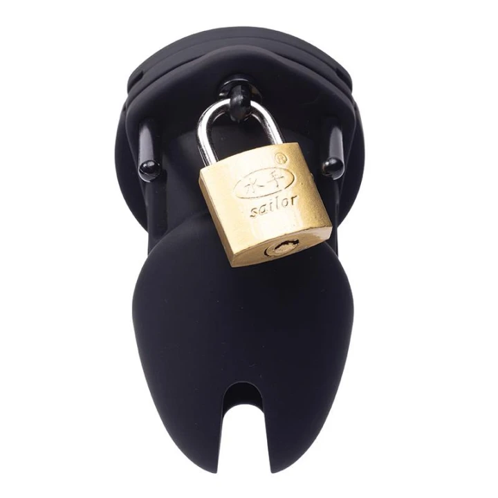 Klatka na penisa Silicone Cock Cage – Fantasy Fetish, silikon, metalowy zamek, 4 pierścienie