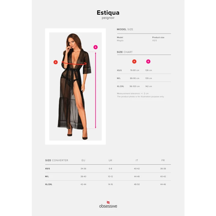 Szlafrok długi OBSESSIVE Estiqua, koronkowe detale, prześwitujący materiał, XS/S