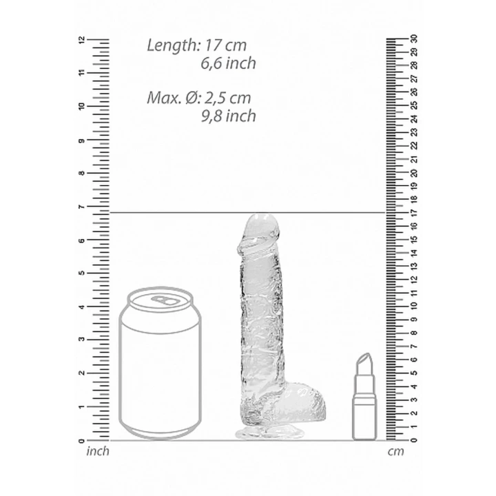 Dildo REALROCK CRYSTAL CLEAR 17 cm z realistycznymi jądrami, przyssawka, wodoodporny