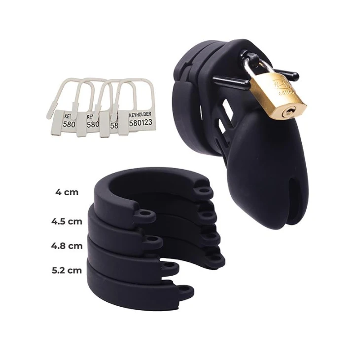 Klatka na penisa Silicone Cock Cage – Fantasy Fetish, silikon, metalowy zamek, 4 pierścienie