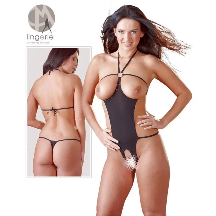 Jednoczęściowy garnitur erotyczny - Otwarte miseczki, Stringi, 85% poliamid, 15% spandex