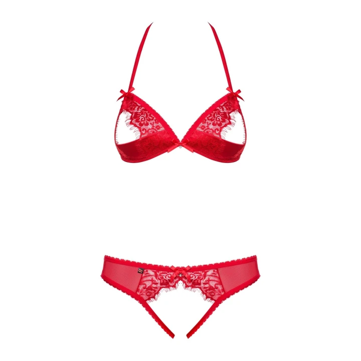 Zestaw bielizny OBSESSIVE: koronkowy biustonosz, stringi, intensywna czerwień S/M