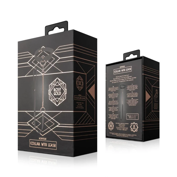 Obroża ze smyczą Rosy Gold - czarna, sztuczna skóra, odczepiana smycz