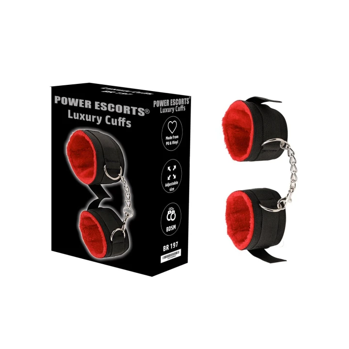 Mankiety BDSM BR197 Power Escorts – regulowane, czarno-czerwone, metalowy łańcuszek