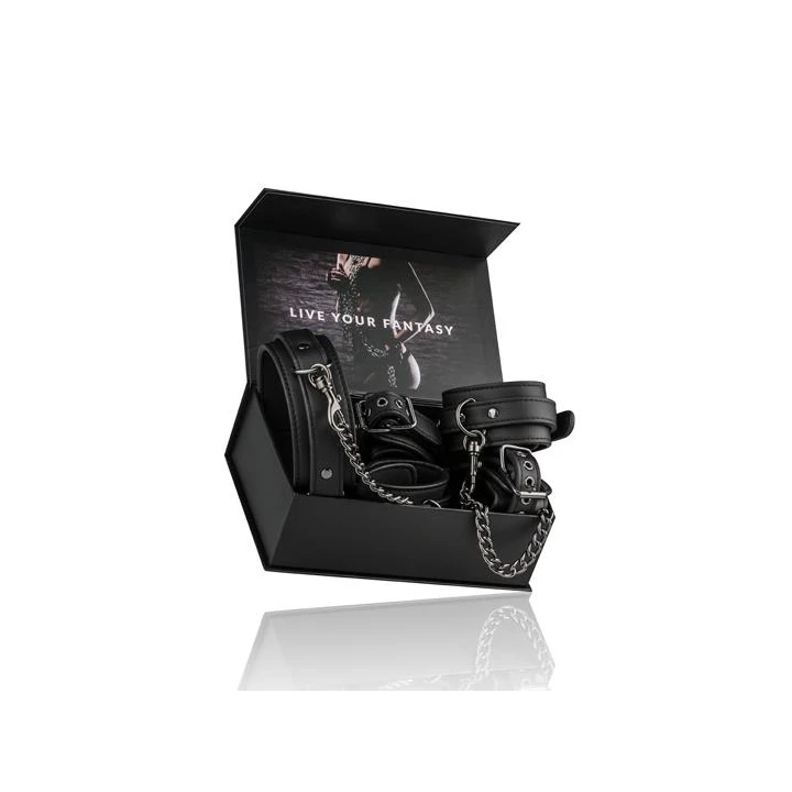 Kajdanki Fetish z obrożą, mankietami na kostki i nadgarstki, sztuczna skóra, metal, czarne