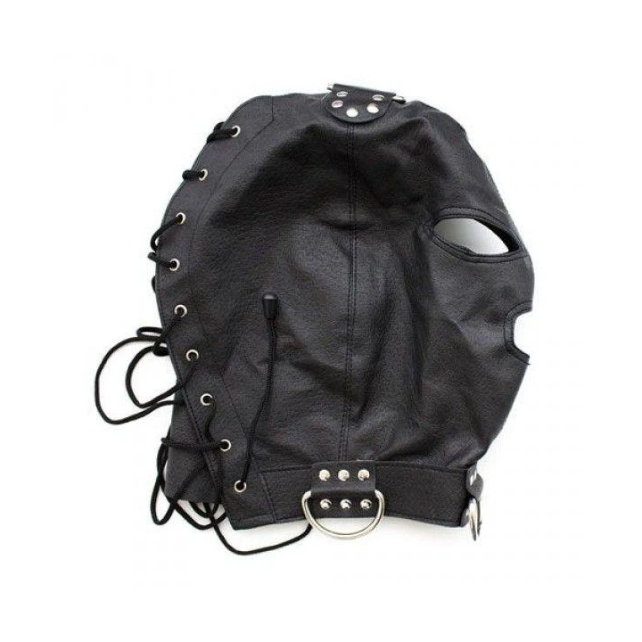 Maska bondage z kołnierzem Toyz4Lovers, skórzana, czarna, otwory na oczy i usta