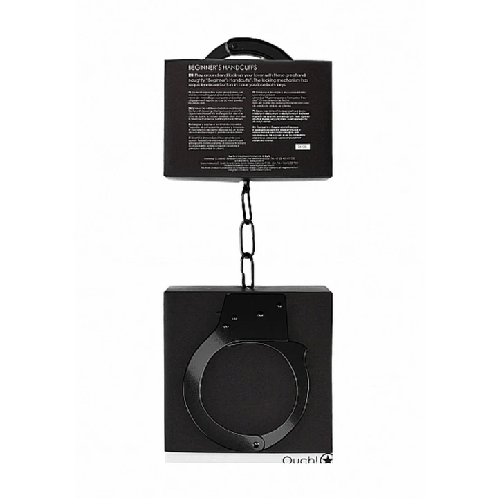 Kajdanki dla poczatkujących - metalowe, czarne, z przyciskiem awaryjnym