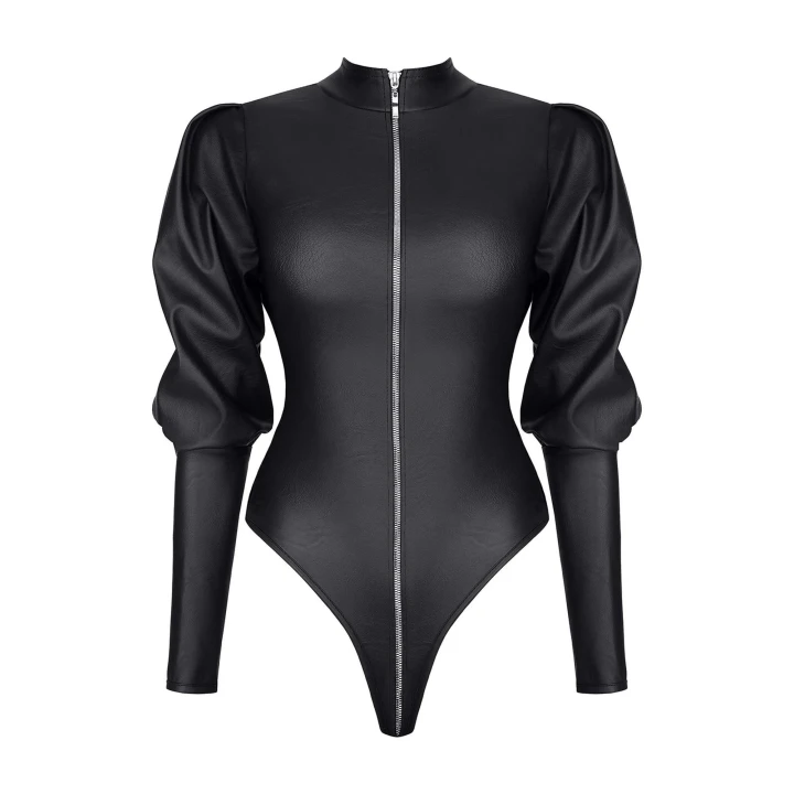 Body DEMONIQ - czarna ekoskóra, długie rękawy, srebrny zamek błyskawiczny