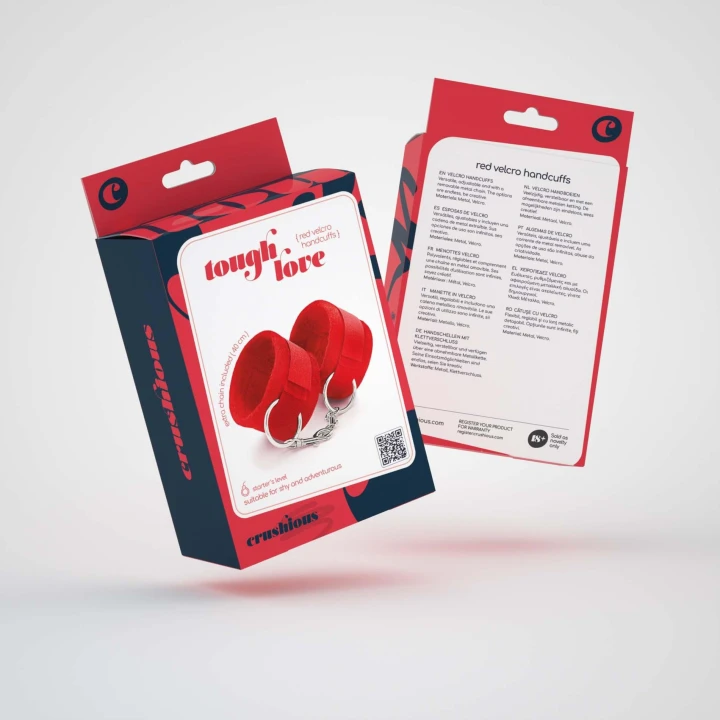Kajdanki BDSM Velcro TOUGH LOVE z regulowanym łańcuchem 40cm w kolorze czerwonym
