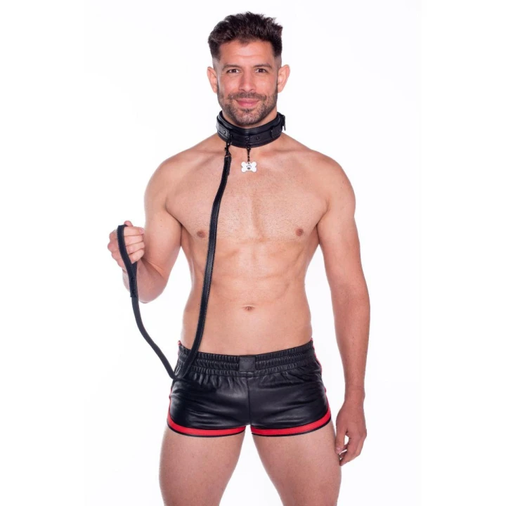 Obroża i smycz do zabawy Prowler RED, ekoskóra, regulowana, z zabawką w kształcie kości