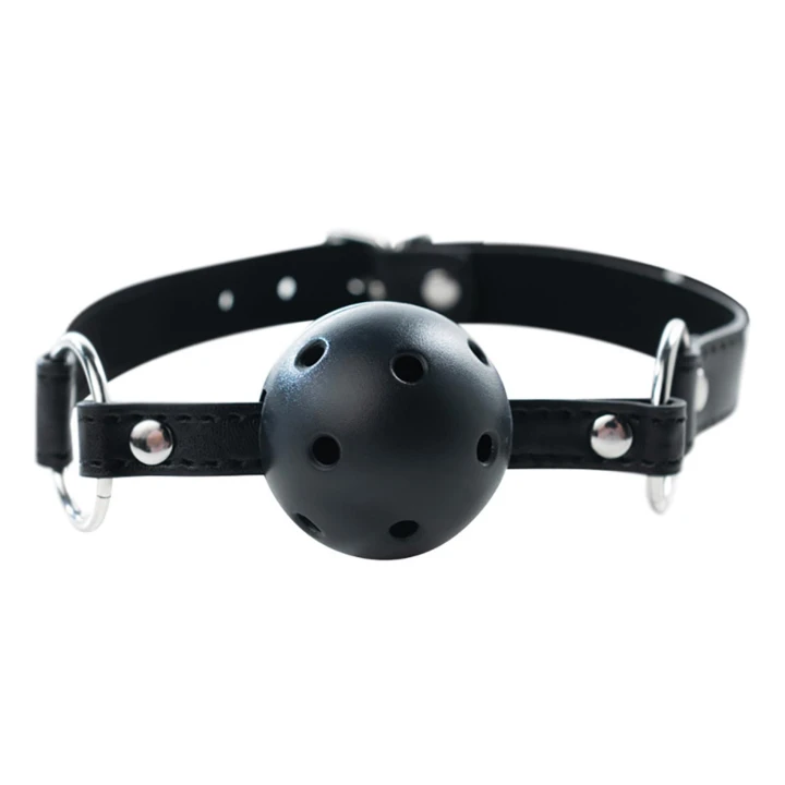 Knebel ball gag, czarny, oddychający, regulowany pasek 63 cm, średnica kuli 4 cm