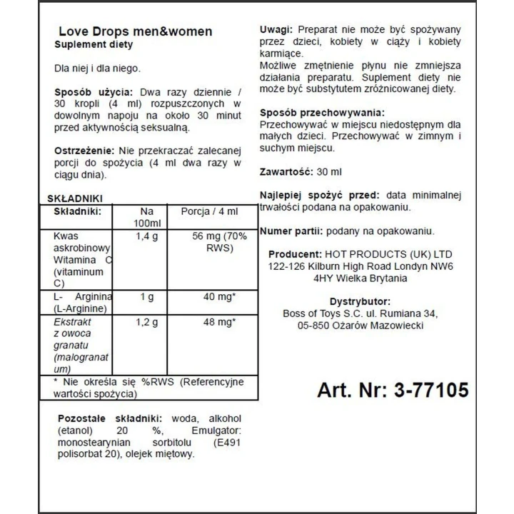 Suplement diety Love Drops, ekstrakt z granatu, wspomaga krążenie, 30ml