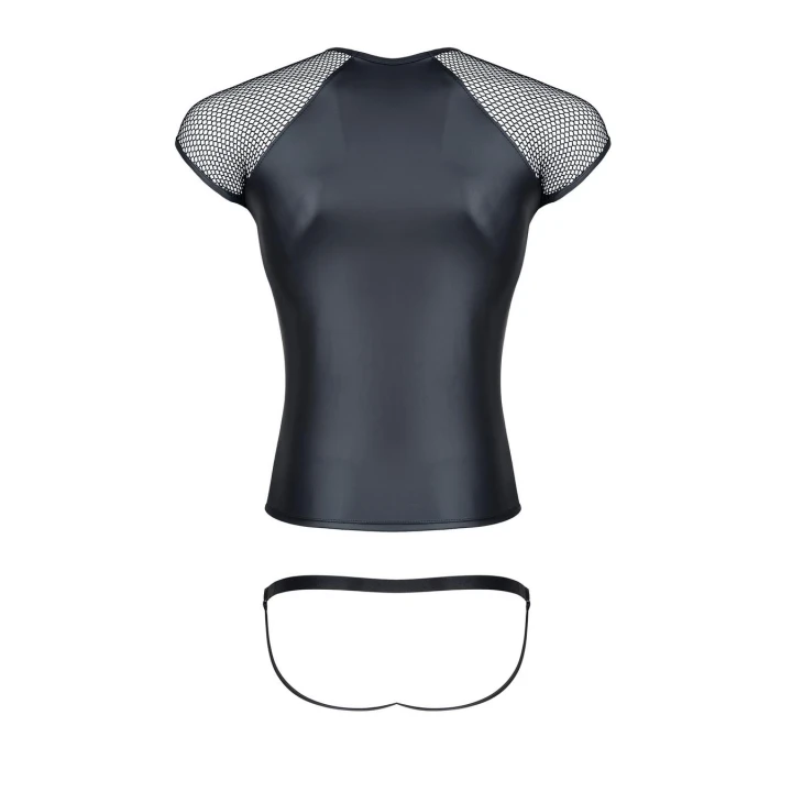 Komplet męski: T-shirt z ekoskóry, open back figi, jockstrap - REGNES FETISH PLANET