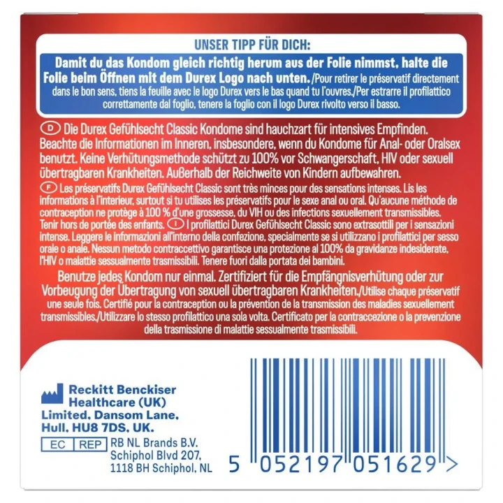 Prezerwatywy Durex Gefühlsecht, 56 mm, 3szt, cienkie i dopasowane latexowe