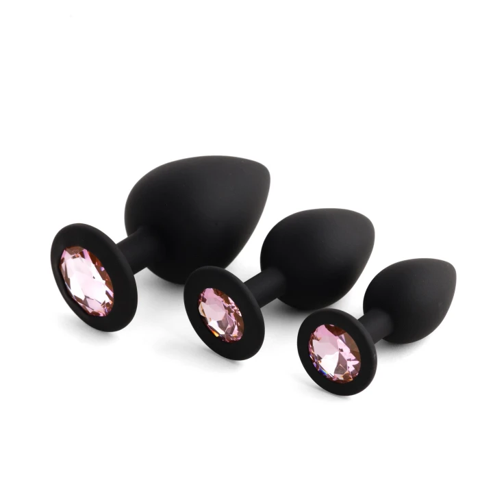 Korek analny – Zestaw Jewellery Silicone PLUG Black, silikon, 3 rozmiary, kryształ rose