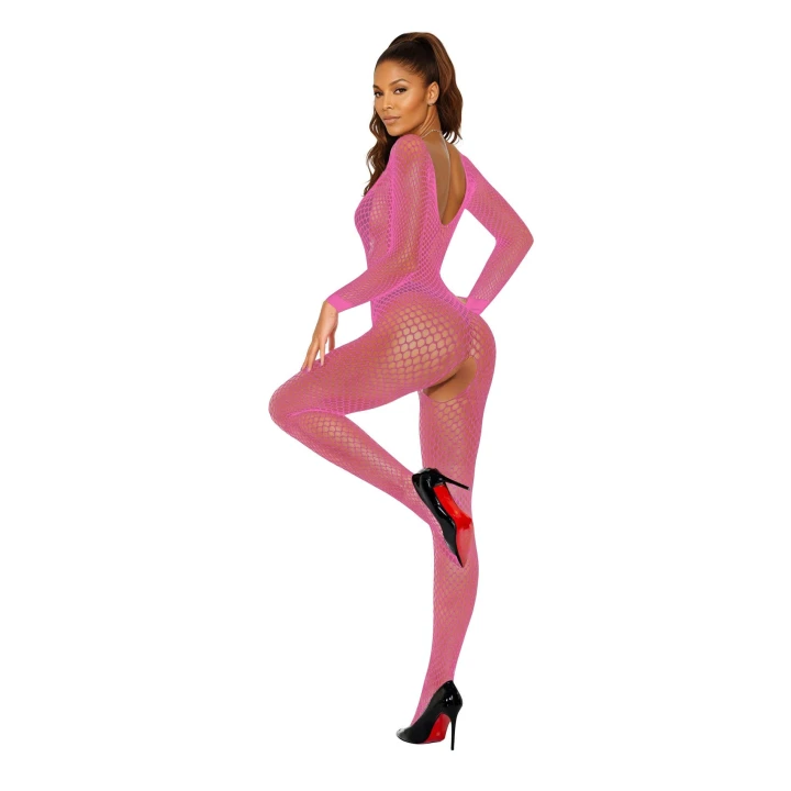 Bodystocking erotyczny SOFTLINE COLLECTION, różowy, długi rękaw, otwarty krok, O/S