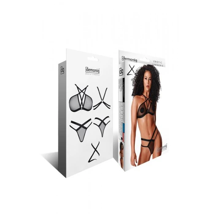 Biustonosz i stringi DEMONIQ Kolekcja Lady X, czarna siateczka, ozdobne zapięcie, XXL