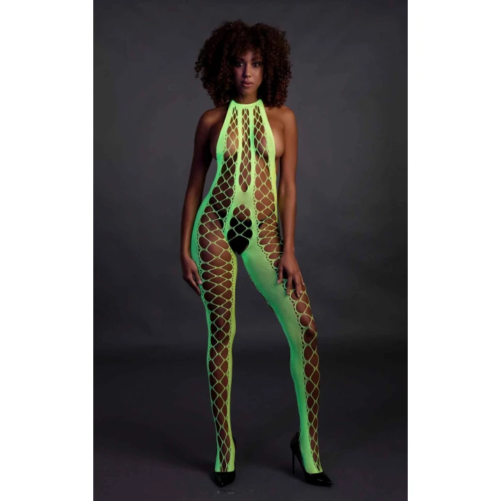 Bodystocking UV aktywowany - Neonowa Zielona - Halter, Elastyczny, XS/XL