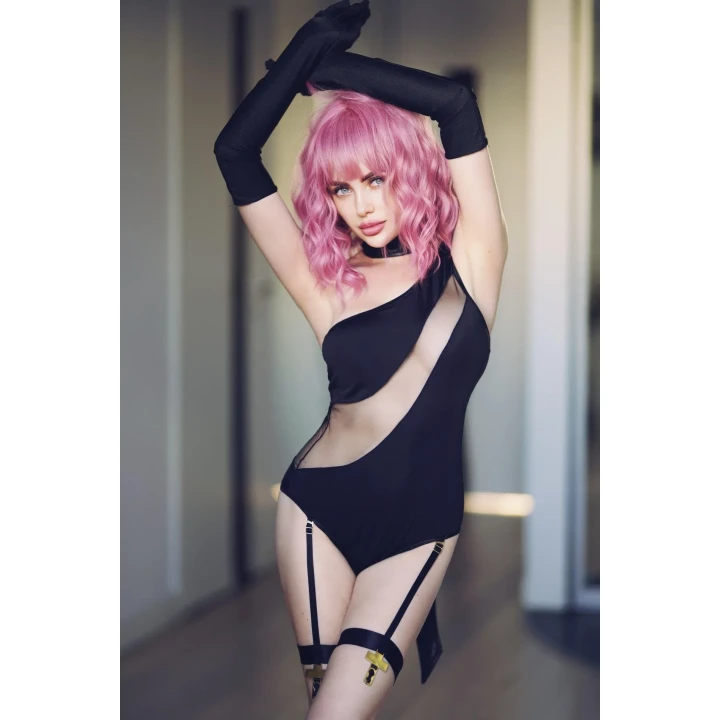 Body ANAIS Jenny L/XL, tiulowa wstawka, podwiązki, zapięcie w kroku, czarne