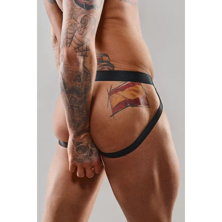 Majtki jockstraps REGNES FETISH PLANET, elastyczny tiul, czarno-czerwona zebra, błyszczący vinyl