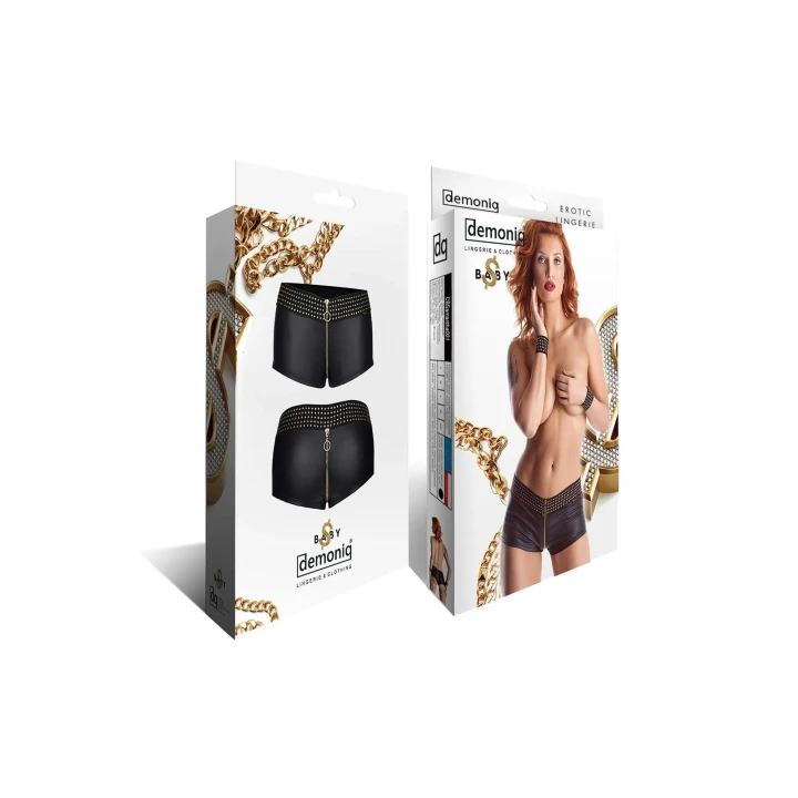 Szorty wetlook DEMONIQ Kolekcja Cash Baby MICHELLE 001 z złotym zamkiem, rozmiar XL, czarne