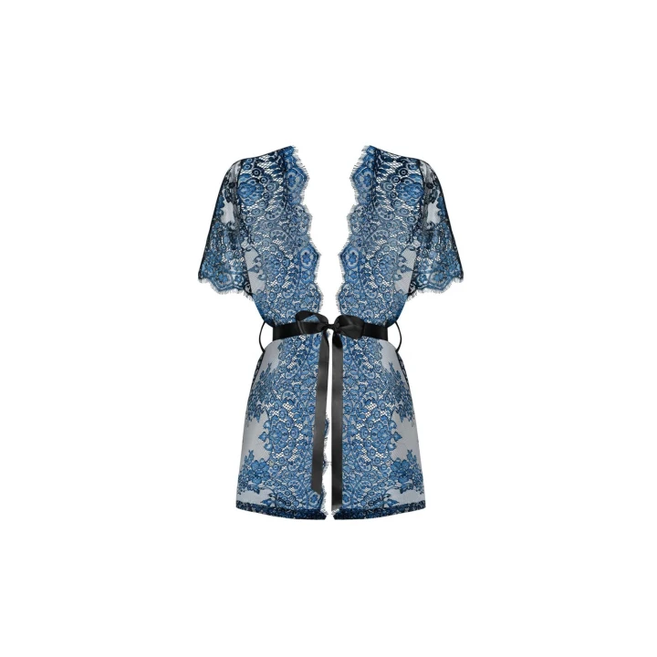 Peniuar transparentny OBSESSIVE Yassmyne, koronka, satynowe wiązanie, indigo/czarny