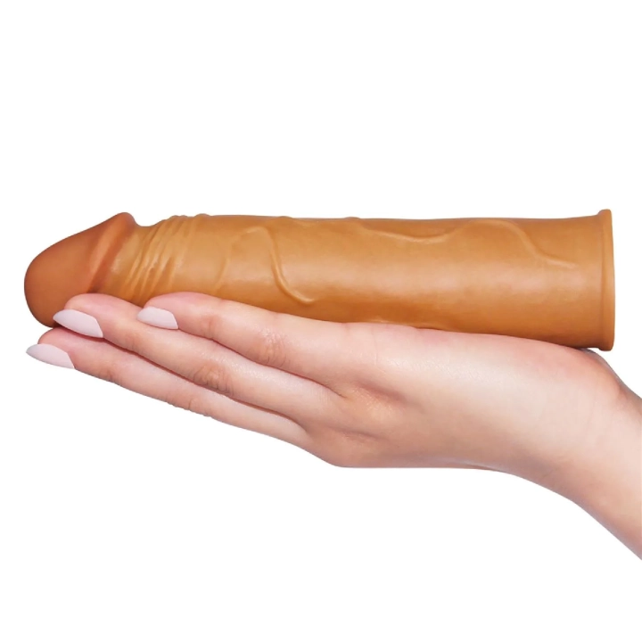 Rękaw przedłużający penis Pleasure X, 1 cal dłuższy, realistyczny, brązowy TPE