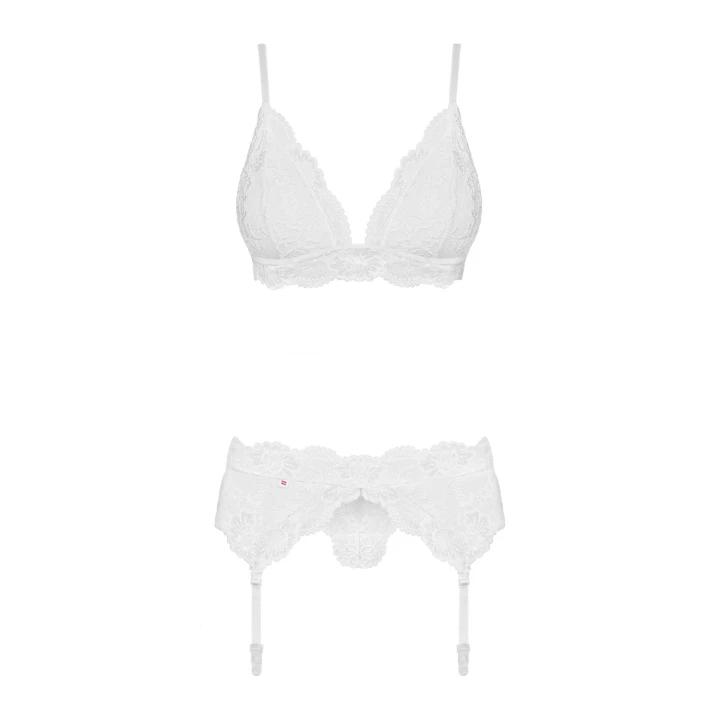 Komplet bielizny OBSESSIVE 3-częściowy z pasem do pończoch i koronkowymi zdobieniami S/M