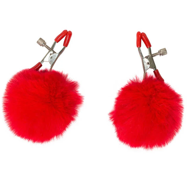 Zaciski na sutki Party Hard Angelic Red - uniwersalne, z regulacją, metalowe z futrzanymi zawieszkami