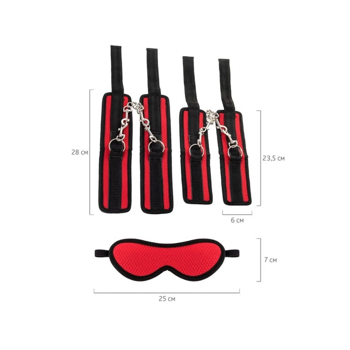 Zestaw bondage Anonymo, regulowane pasy, kajdanki, maska, czerwono-czarny