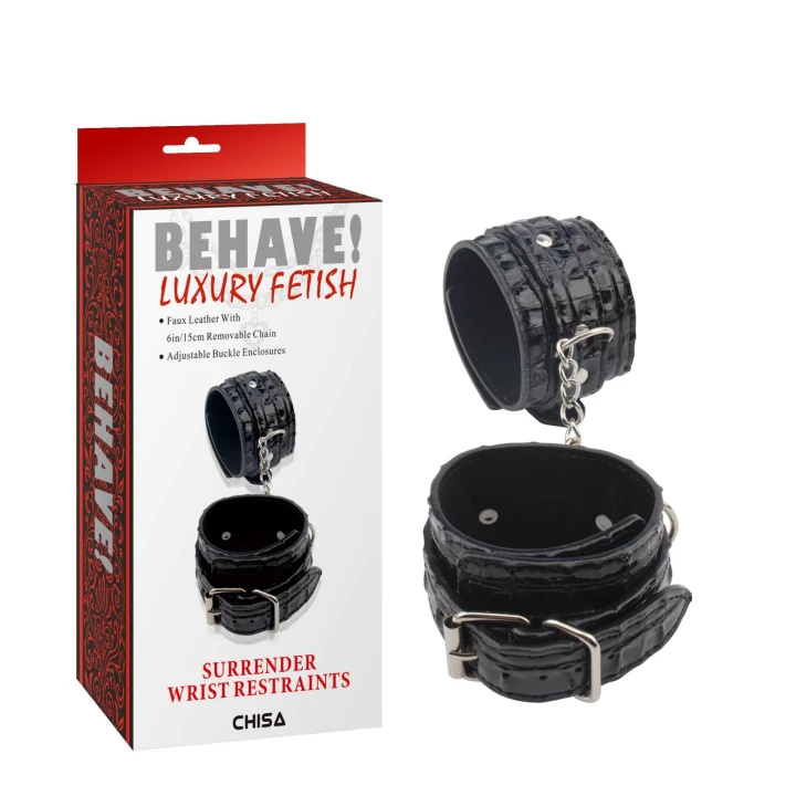 Mankiety na nadgarstki PU Surrender, z regulacją i metalowym hakiem, czarne