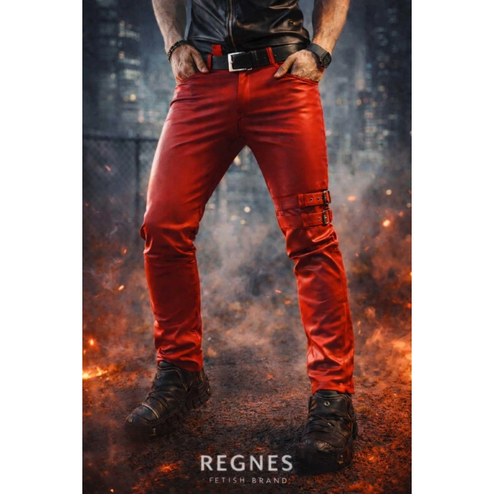 Spodnie REGNES FETISH PLANET – czerwone XXL, ozdobne zamki, regulowane paski