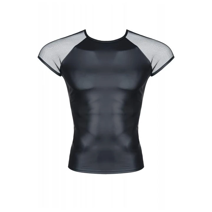 Męski T-shirt wetlook REGNES FETISH PLANET, elastyczna ekoskóra, siatka na rękawach