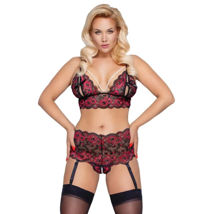 Biustonosz i majtki ouvert COTTELLI LINGERIE, elastyczna koronka, kwiatowy motyw, XL/2XL