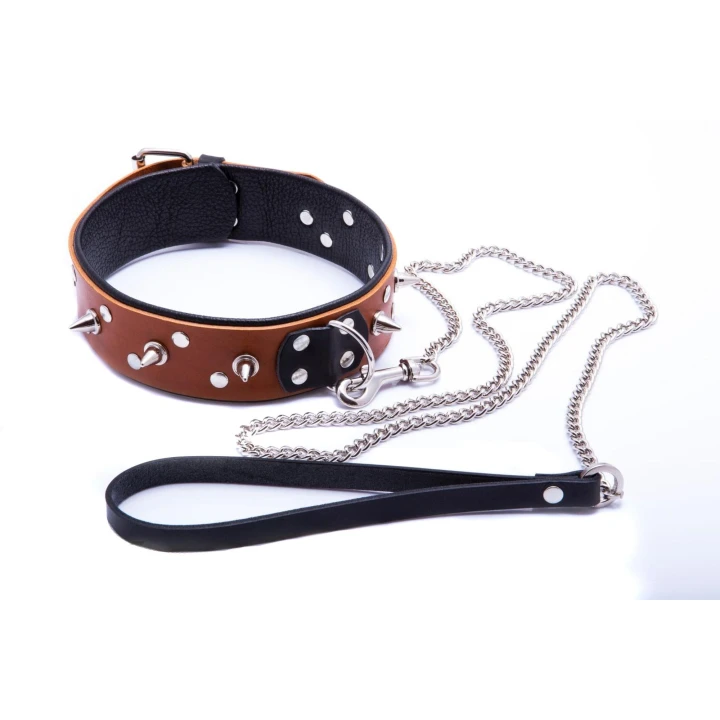 Wiązania-WHIPS skórzana obroża męska, regulowana, koniakowa, z łańcuszkiem 100 cm