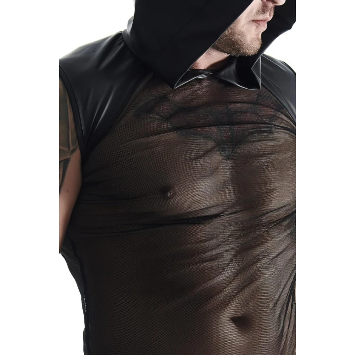 T-shirt męski REGNES FETISH PLANET - elastyczna siateczka, szeroki kaptur, ekoskóra