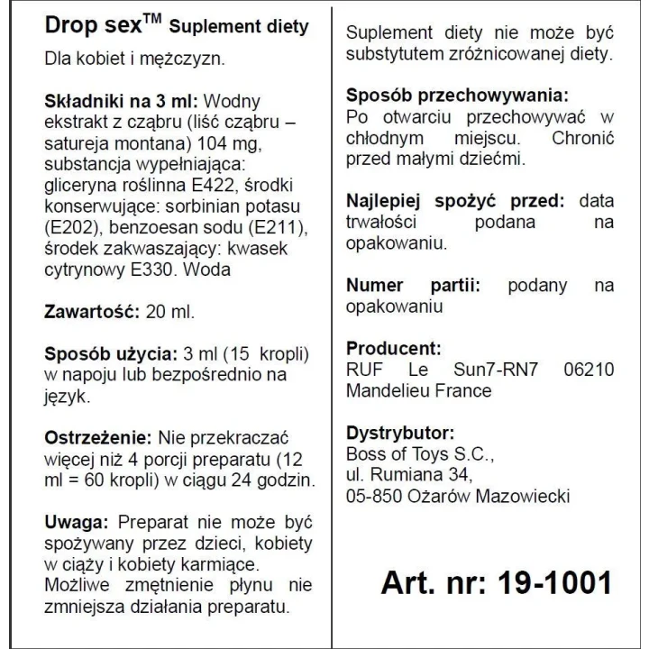 Suplement diety DROP SEX 20 ML - Wzrost libido, stymulacja, dla kobiet i mężczyzn
