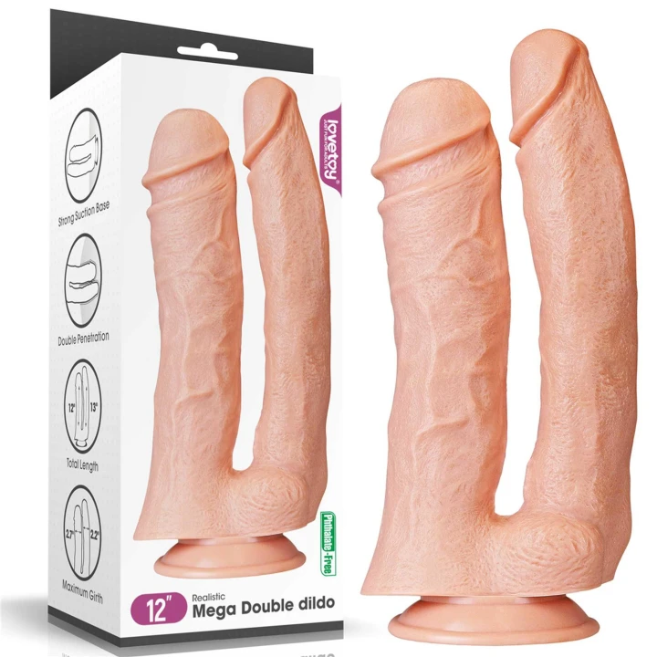 Dildo podwójne LoveToy, 12'', realistyczne, wykonane z PVC, z przyssawką