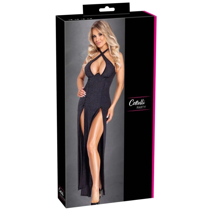 Suknia COTTELLI LINGERIE – długa, czarna z srebrnym połyskiem, rozcięcia frontowe
