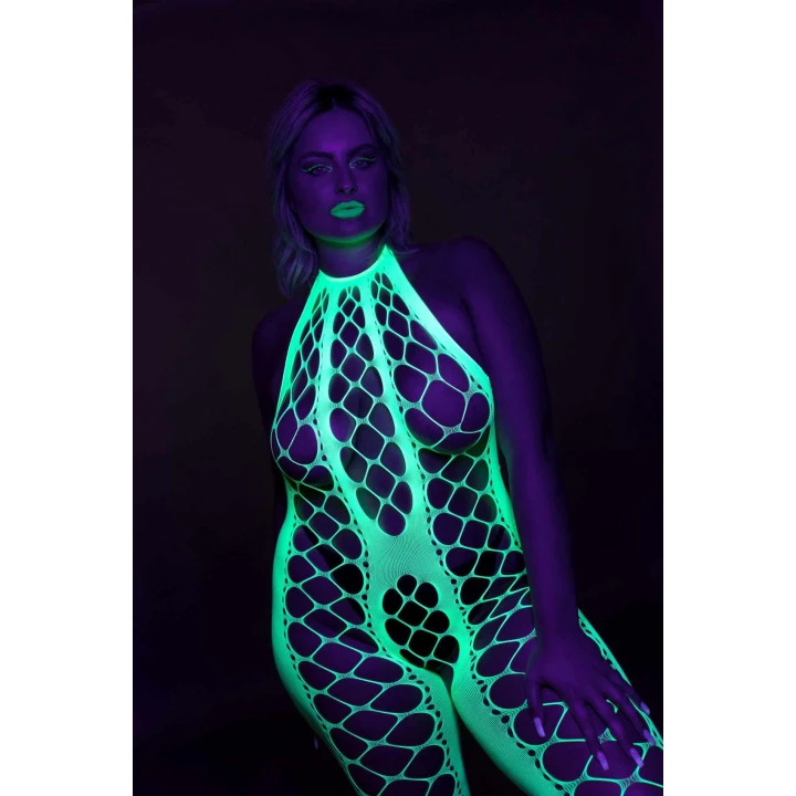 Bodystocking UV aktywowany - Neonowa Zielona - Halter, Elastyczny, XS/XL
