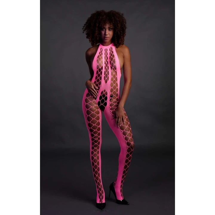 Bodystocking - Neonowa Linia - Halternack, Aktywowane UV, Różowy, XS/XL