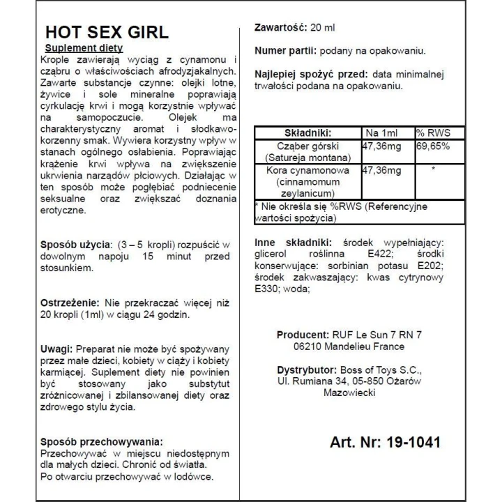 Krople afrodyzyjne - Hot Sex Girl 20ML, wzmagają pożądanie i doznania erotyczne