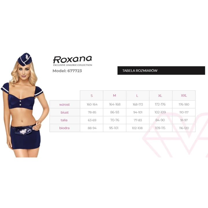 Kostium stewardessy ROXANA, granatowy, elastyczny materiał, srebrne dodatki